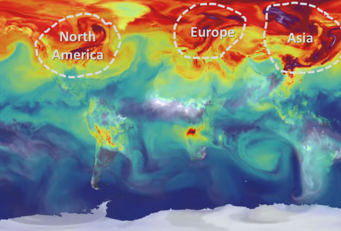 NASA video showing one year of carbon dioxide emissions swirling in the atmosphere